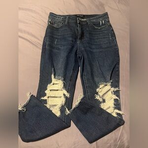 Judy Blue Dark Blue Distressed Jeans denim frayed hem